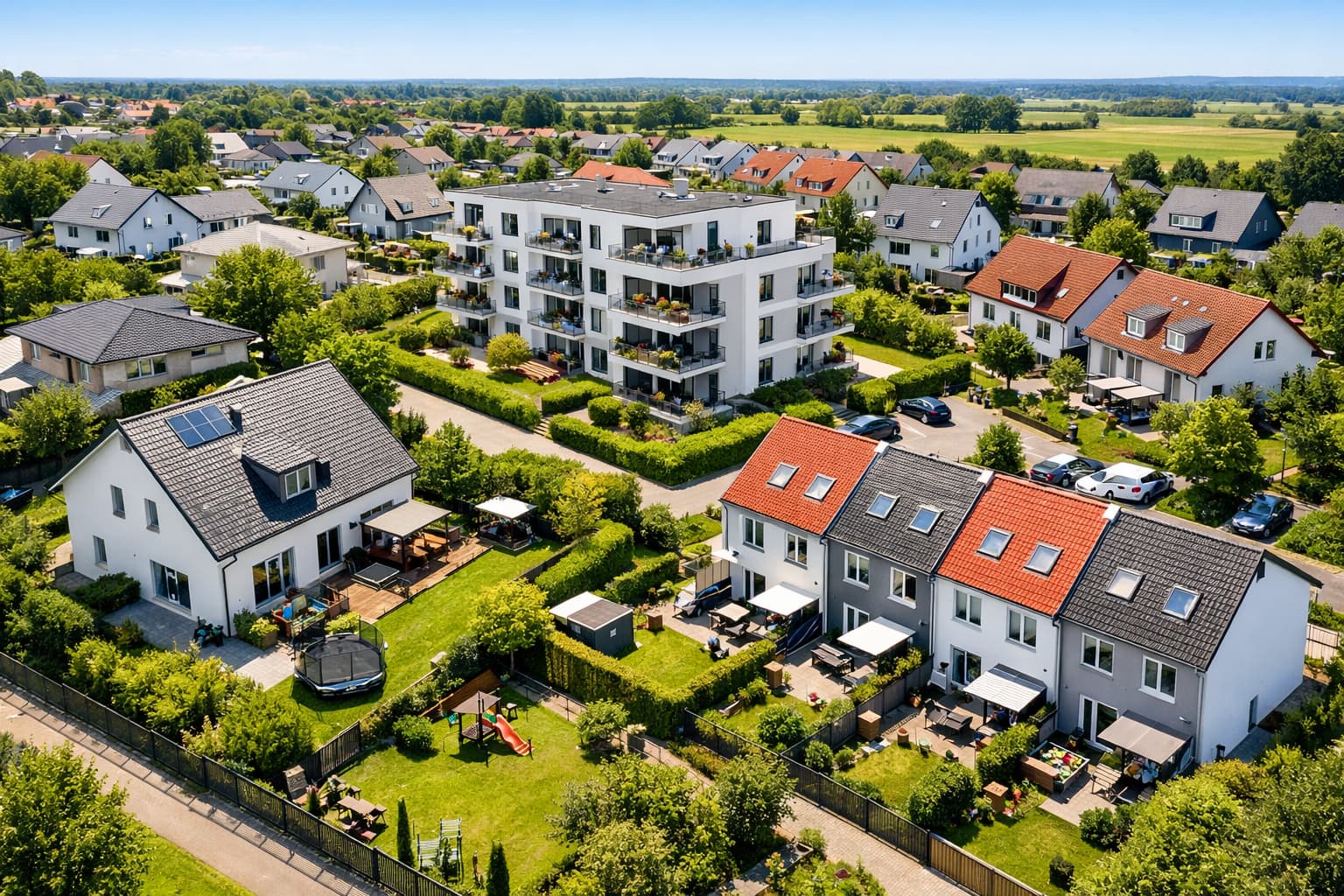 Verschiedene Immobilientypen aus der Luft